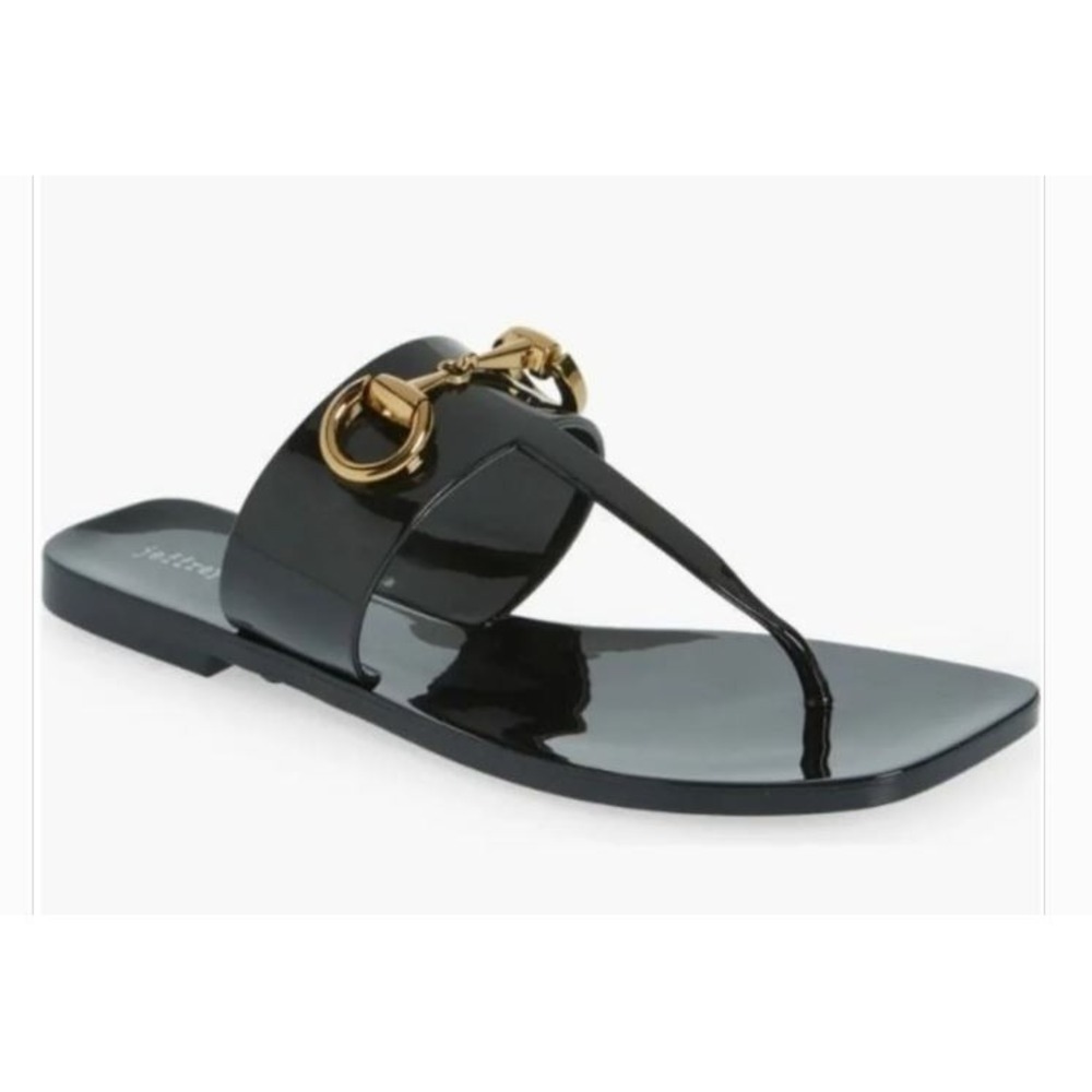 Jeffrey Campbell Black Jelly Sandals Horsebit Buckle Gold Detail Size 8 NEW